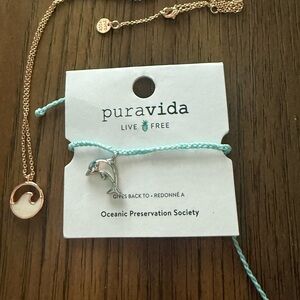 Pura Vida Silver Dolphin Charm Bracelet with Blue Cord and Wave necklace